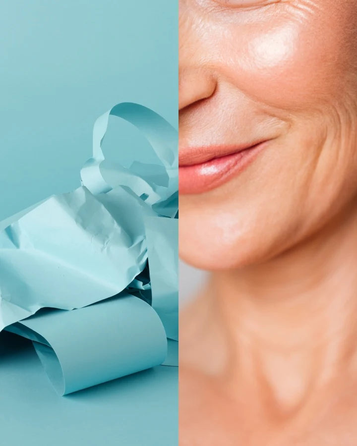 A close up of a person's face and blue material