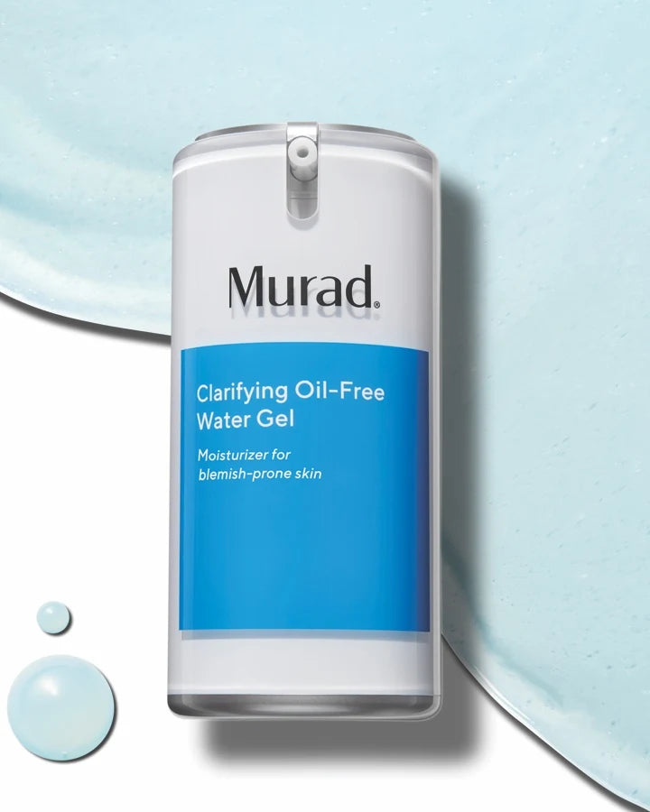 A bottle of Clarifying Oil-Free Gel with a liquid background