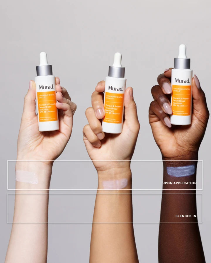 A group of hands holding bottles of Correct & Protect Serum Broad Spectrum SPF 45