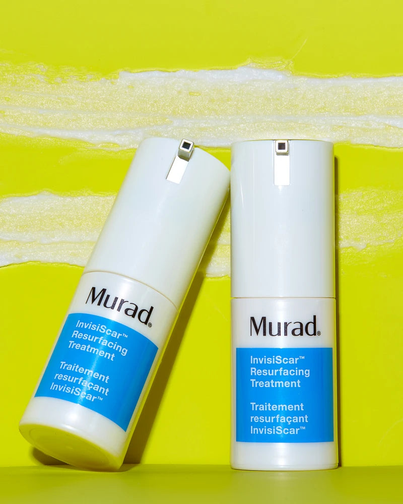 Two bottles of InvisiScar Resurfacing Treatment on a yellow background